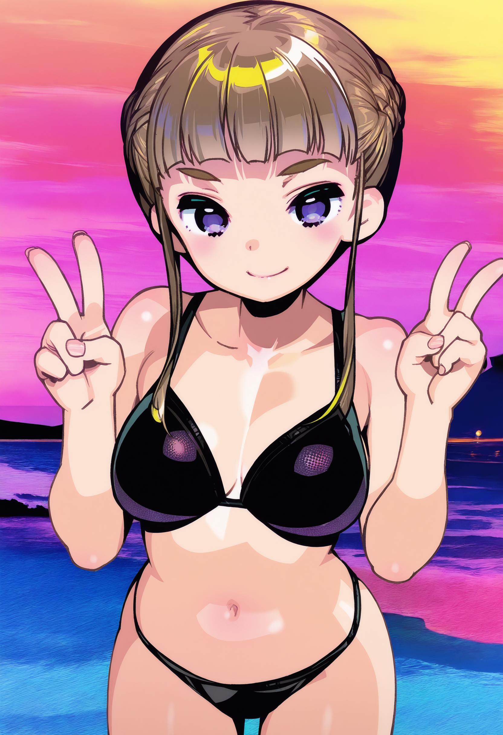 masterpiece, best quality, 1girl, Manaka Nemu, braided hair, purple eyes, medium breasts, sidelocks, bikini, beach, double v, light smile, looking at viewer, onono imoko, black bikini, standing,    <lora:Nemu last IXL:1>
