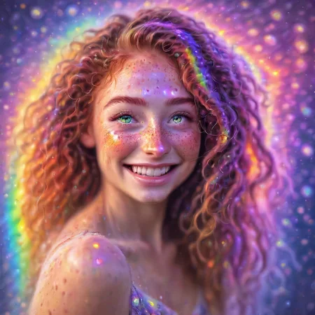 rainbow eyes, multicolored eyes, beautiful, 1girl, (freckles), big smile, ruby eyes, long curly hair, dark makeup, hyperdetailed photography, soft light, head and shoulders portrait, cover <lora:rainbow_iris-000007:1>