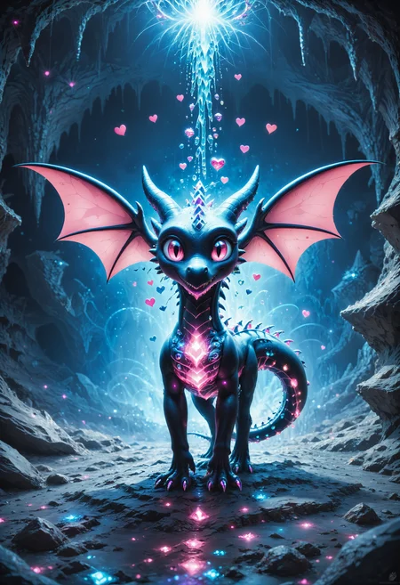 score_9,score_8_up,score_7_up, sorce_real, 8k, hd, a cute creature, mixed of a black dragon and a bat, cute and mischievous, black skin, purple details, neon colored glowing particles in the creatures black skin, black skin with neon pink bioluminescence, cinematic light, looking at viewer, dark, nigh, mysterious atmosphere, floating hearts, flies through a dark stalactite cave at night, bioluminescent icicles on the walls, everything is shrouded in darkness. <lora:SDXLFaeTastic2400:0.5>, cave by Jed-Cosmos <lora:Jed-Cosmos-sdxl:1> <lora:ral-swarcrystl-sdxl:0.8> multicolored gemstones made of ral-swarcrystl
