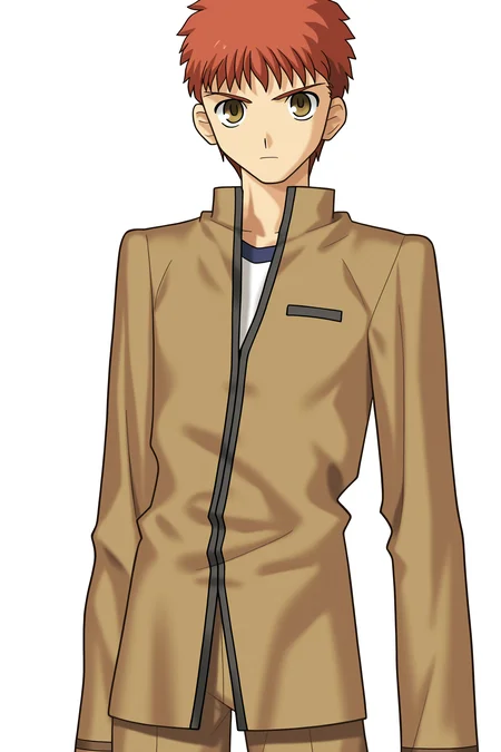 fatesnha, solo, looking at viewer, short hair, simple background, long sleeves, 1boy, brown eyes, school uniform, yellow eyes, male focus, cowboy shot, red hair, pants, orange hair, transparent background, (homurahara academy school uniform), emiya shirou, 
(masterpiece, best quality, absurdres, highres, newest, very awa:1.2), 