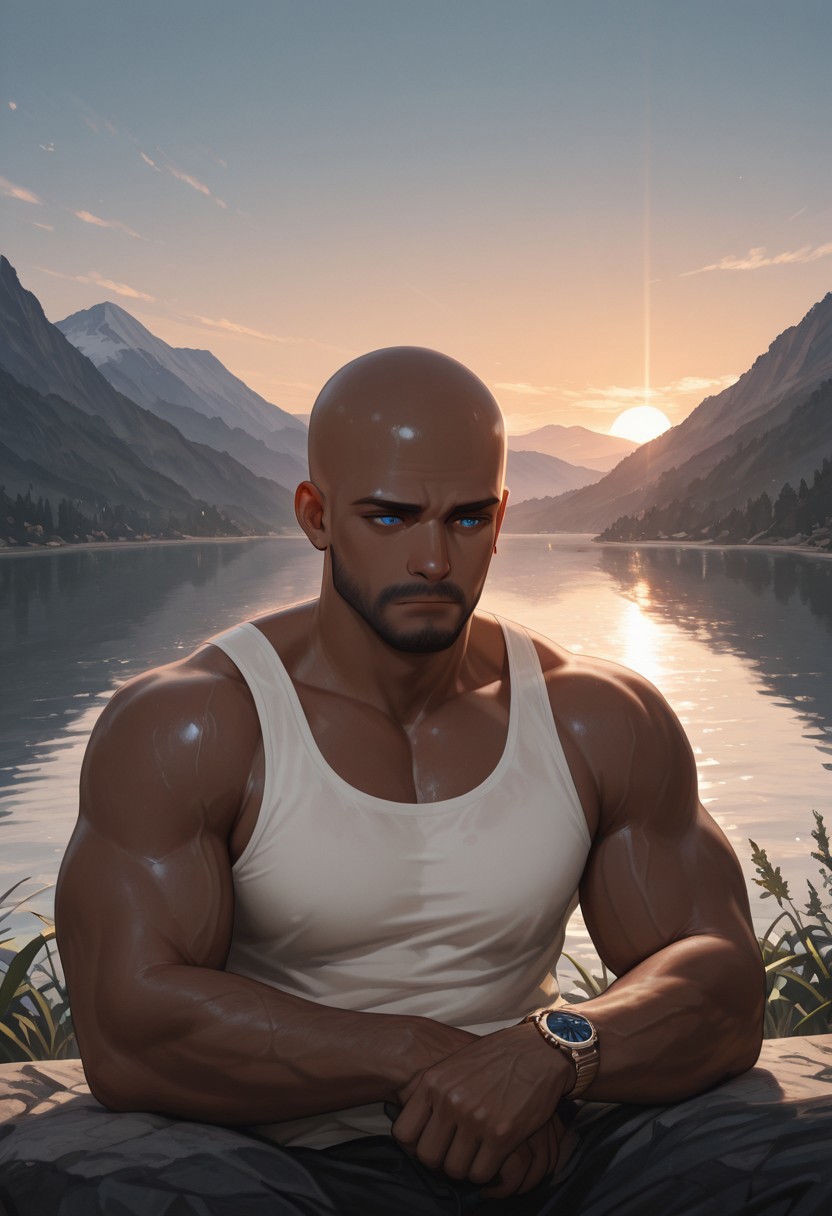 masterpiece, best quality, amazing quality, absurdres, newest, detailed background, definition so sharp, Ultra-HD, 8K cinematic, very awa, impressionate, amazing quality, highres, 
1boy, mbti_estj, muscular man, mature man, bald, dark skin, facial hair, blue eyes, watch, solo, lakeside, golden hour, gentle breeze, calm water, serene, natural light, soft glow, contemplating, looking at view, relaxed posture, earth tones, tranquil atmosphere, high quality, aesthetic, landscape