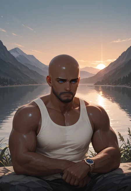 masterpiece, best quality, amazing quality, absurdres, newest, detailed background, definition so sharp, Ultra-HD, 8K cinematic, very awa, impressionate, amazing quality, highres, 
1boy, mbti_estj, muscular man, mature man, bald, dark skin, facial hair, blue eyes, watch, solo, lakeside, golden hour, gentle breeze, calm water, serene, natural light, soft glow, contemplating, looking at view, relaxed posture, earth tones, tranquil atmosphere, high quality, aesthetic, landscape