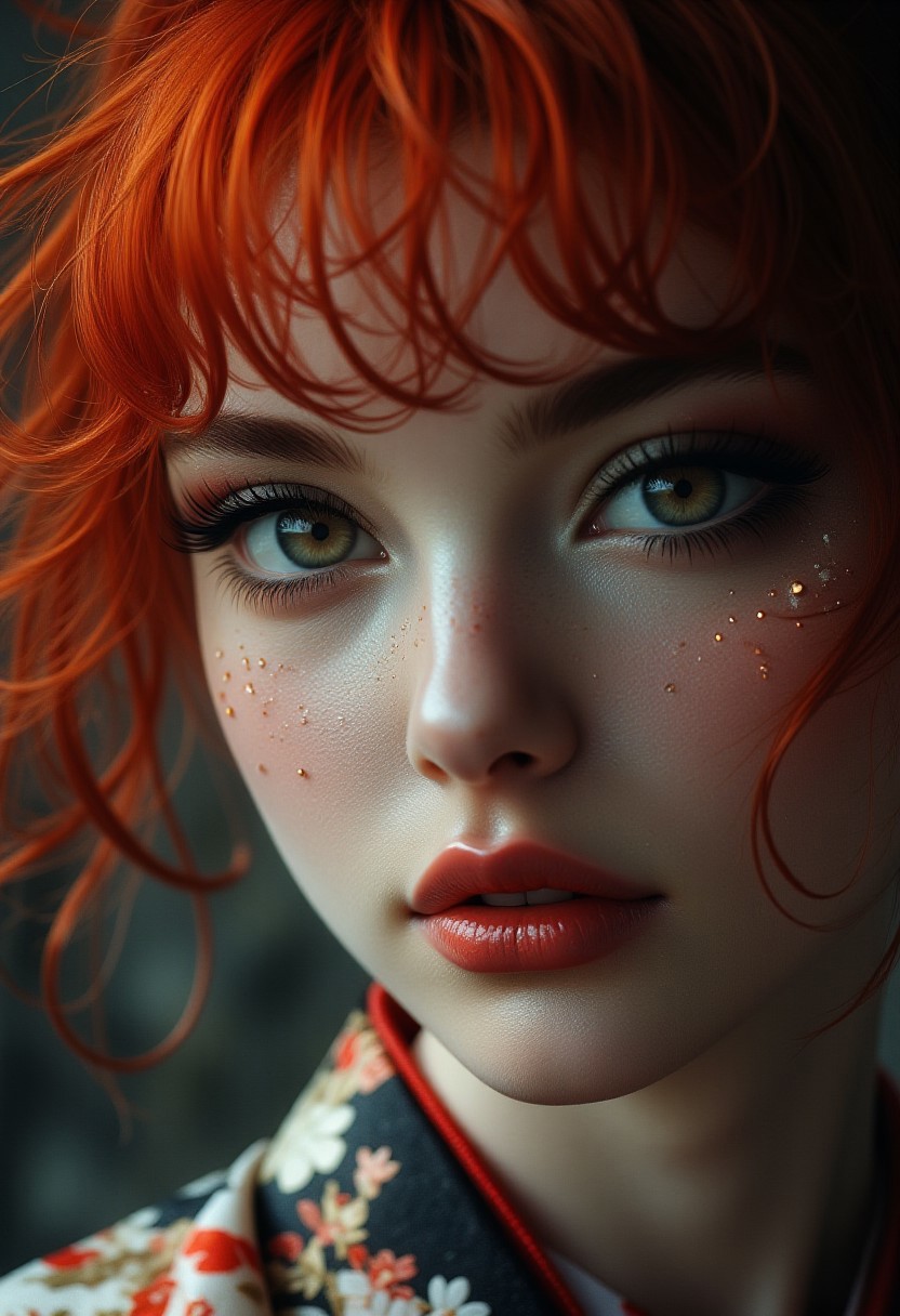 close up shot,  19yo woman ,lipstick, hair waist-length red hair , bangs covering the left side of her face with a wavy mid-back length red hair strand resting on her left shoulder and her eyes are brown, kimono . shallow depth of field, vignette, highly detailed, high budget, bokeh, cinemascope, moody, epic, gorgeous, film grain, grainy