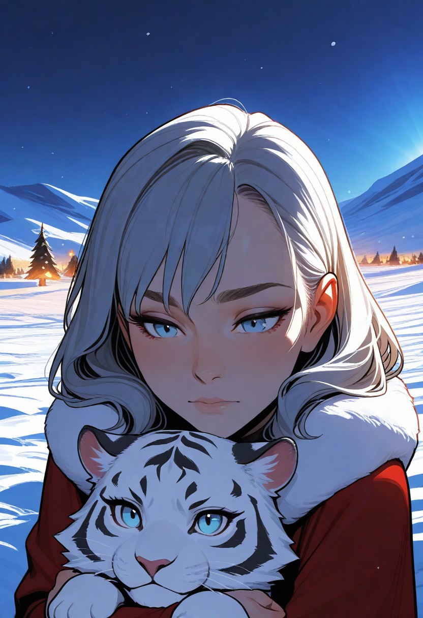artist;incase, flat colors, high detailed, high quality, masterpiece, 1 girl, hugging pet snow tiger, heroic fantasy, snow field, portrait, cute,
animal christmas, dynamic lighting,