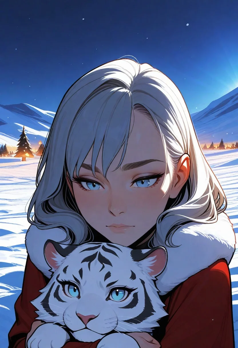 artist;incase, flat colors, high detailed, high quality, masterpiece, 1 girl, hugging pet snow tiger, heroic fantasy, snow field, portrait, cute,
animal christmas, dynamic lighting,