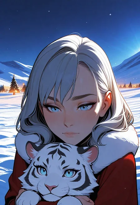artist;incase, flat colors, high detailed, high quality, masterpiece, 1 girl, hugging pet snow tiger, heroic fantasy, snow field, portrait, cute,
animal christmas, dynamic lighting,