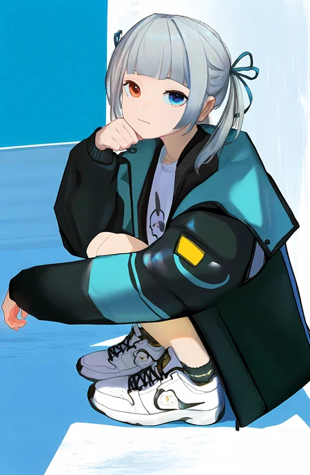 1girl, solo, looking_at_viewer, blue_eyes, shirt, long_sleeves, ribbon, closed_mouth, twintails, jacket, yellow_eyes, grey_hair, hair_ribbon, shoes, socks, virtual_youtuber, blunt_bangs, black_jacket, heterochromia, white_footwear, squatting, sneakers