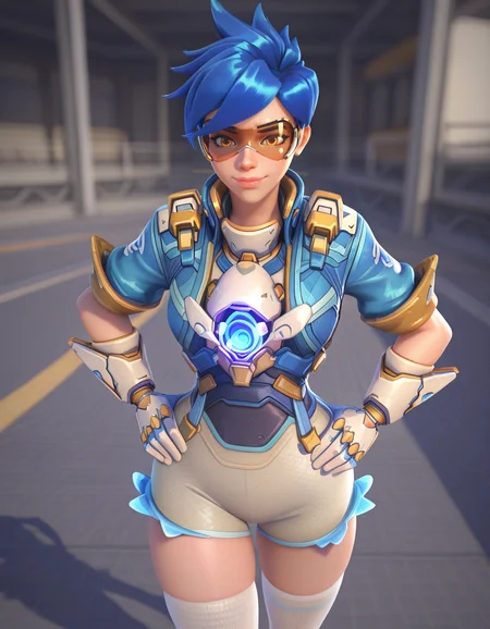 Masterpiece, high-res, 2k, best quality, 2.5d, 1girl, hero of heart, tracer (overwatch) , googles, harness, cowboy shot<lora:Hero_of_Heart_Tracer_Illus-000037:1> Putting hands on hips and taking a step towards someone else, Golden wheat fields stretching to the horizon