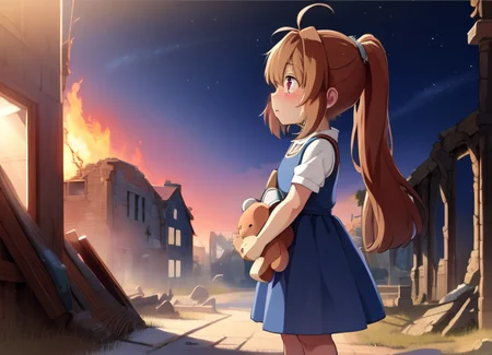 masterpiece, ultra high quality cg, perfect image, estelle, blue dress, blue skirt, red sneakers, red eyes, child (holding teddy bear)  <lora:estelleBrightTrailsIn_v1:0.9> clock tower blown up (village ruins on fire), ((crying)), tears, side view 
