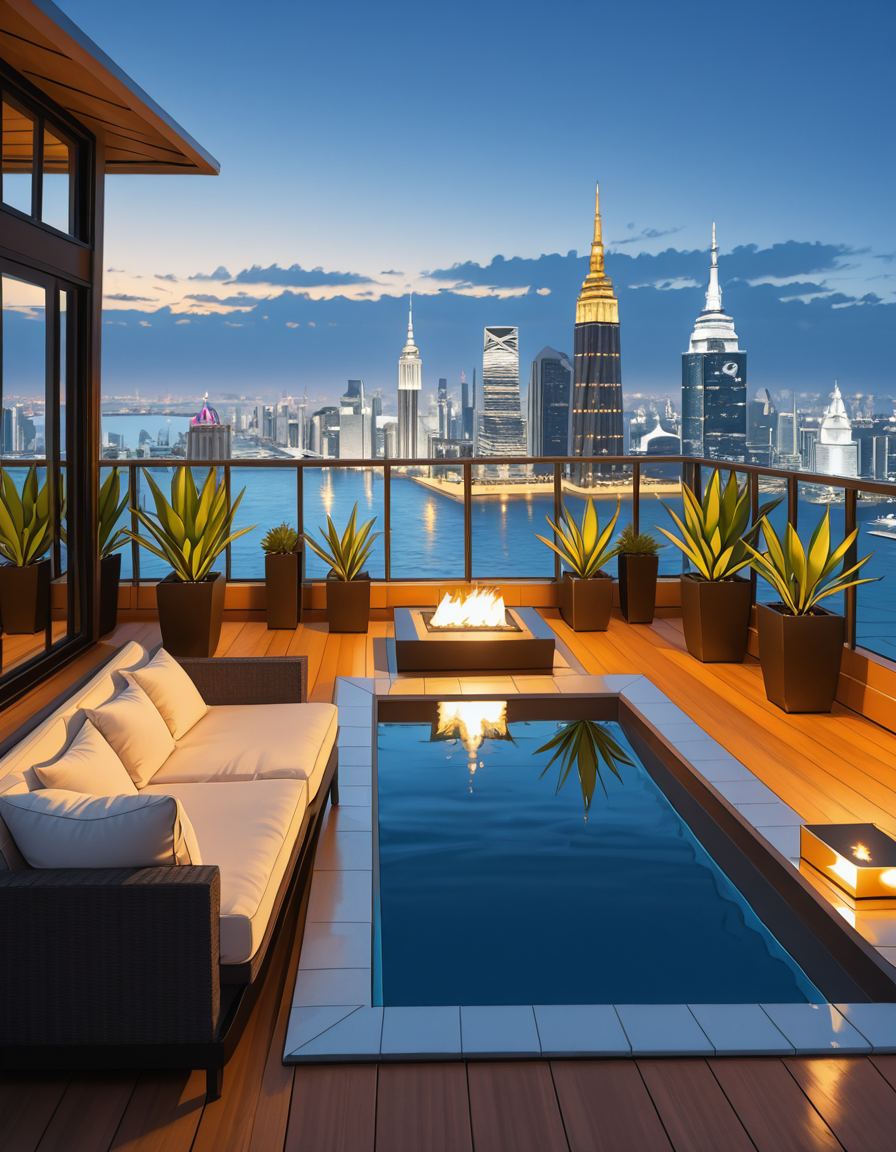 A breathtaking photo of a luxurious private rooftop at sunset, designed in a modern and elegant architectural style. The rooftop features a large infinity pool with crystal-clear water reflecting the warm golden hues of the sky. Surrounding the pool are plush, oversized lounge chairs with soft white cushions, neatly arranged under stylish wooden pergolas with flowing white curtains. In the background, a panoramic city skyline with shimmering skyscrapers stretches across the horizon. Ambient string lights hang delicately overhead, casting a soft, romantic glow. A chic outdoor bar with marble countertops is positioned on one side, decorated with fresh tropical plants and golden lanterns. The atmosphere feels serene and exclusive, with subtle reflections on the polished wooden floor. The lighting is a perfect mix of natural sunset tones and ambient soft white lights. The overall mood is peaceful, sophisticated, and inviting, ideal for an elite gathering or private escape.
<lora:SDXLFaeTastic2400:0.4> <lora:extremely_detailed:0.4> extremely detailed, <lora:luxurious_pr1v4t3_r00ft0p-i:1>,luxurious pr1v4t3 r00ft0p, Masterpiece,best quality,hi res,8k,hi res,8k,award winning,(sharp focus, intricate, highly detailed),