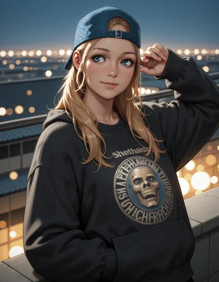 <lora:holly-forrester-illustrious-000013:0.7> holfor, backwards cap, fashion, streetwear,
1girl, solo, pose, light smile, rooftop, bokeh
best quality, great quality