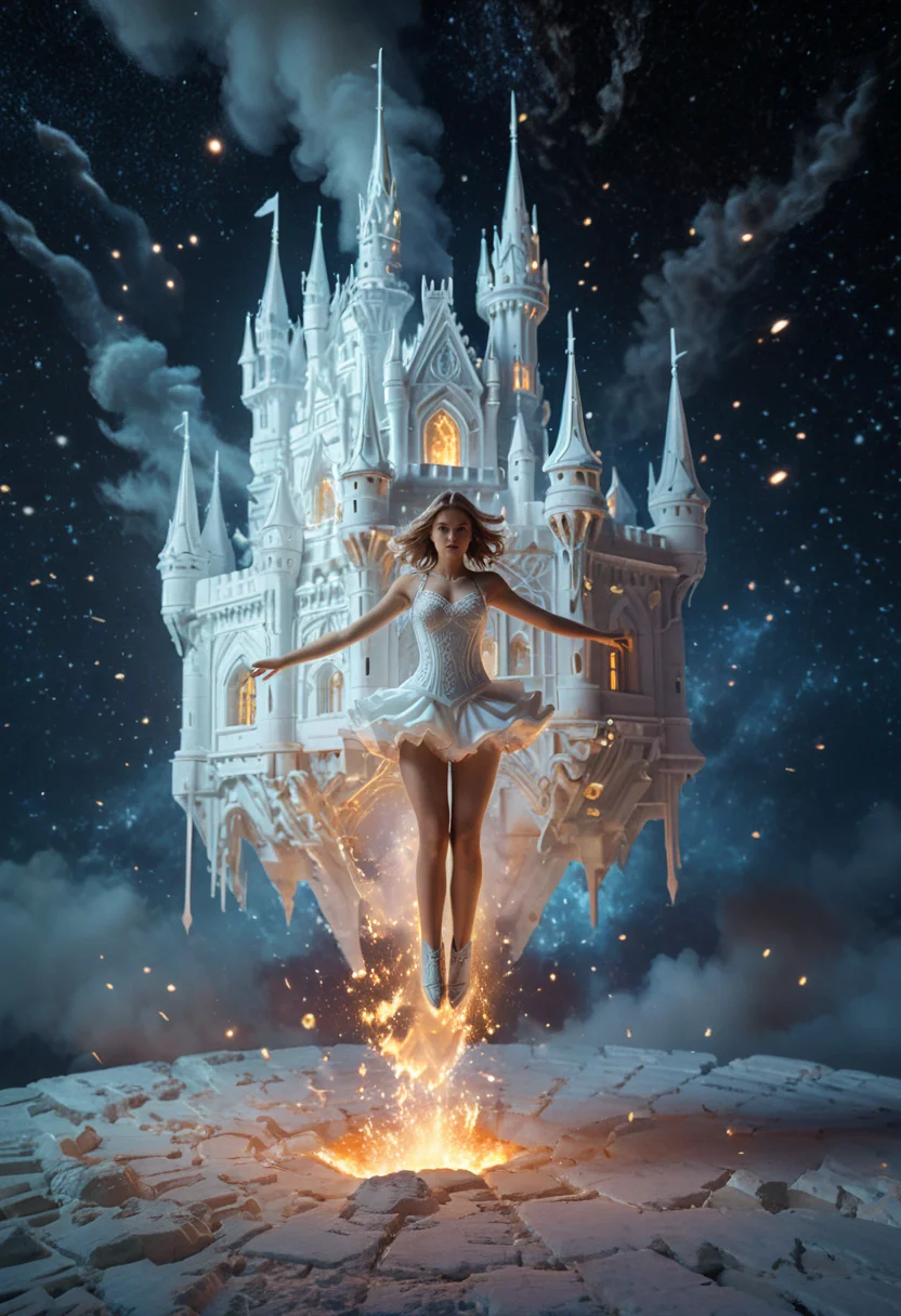 A surreal 50mm image in a WhiteMold style, looks 3D printed in a wonderful aesthetic white, a Castle set in A grand celestial palace floating among the stars, a dynamic jumping pose and an determined expression. The scene is illuminated by dramatic neon highlights, enhancing the epic atmosphere. Ash falling like snow from a distant fire. Uncompromising detail with high-fidelity textures, cinematic depth, and a mesmerizing 8K finish. Every feature is carefully sculpted, preserving the soul of the subject in exquisite resolution., <lora:add-detail-xl:0.5>, <lora:xl_more_art-full_v1:0.8>, <lora:3DPrintingXL:1>,