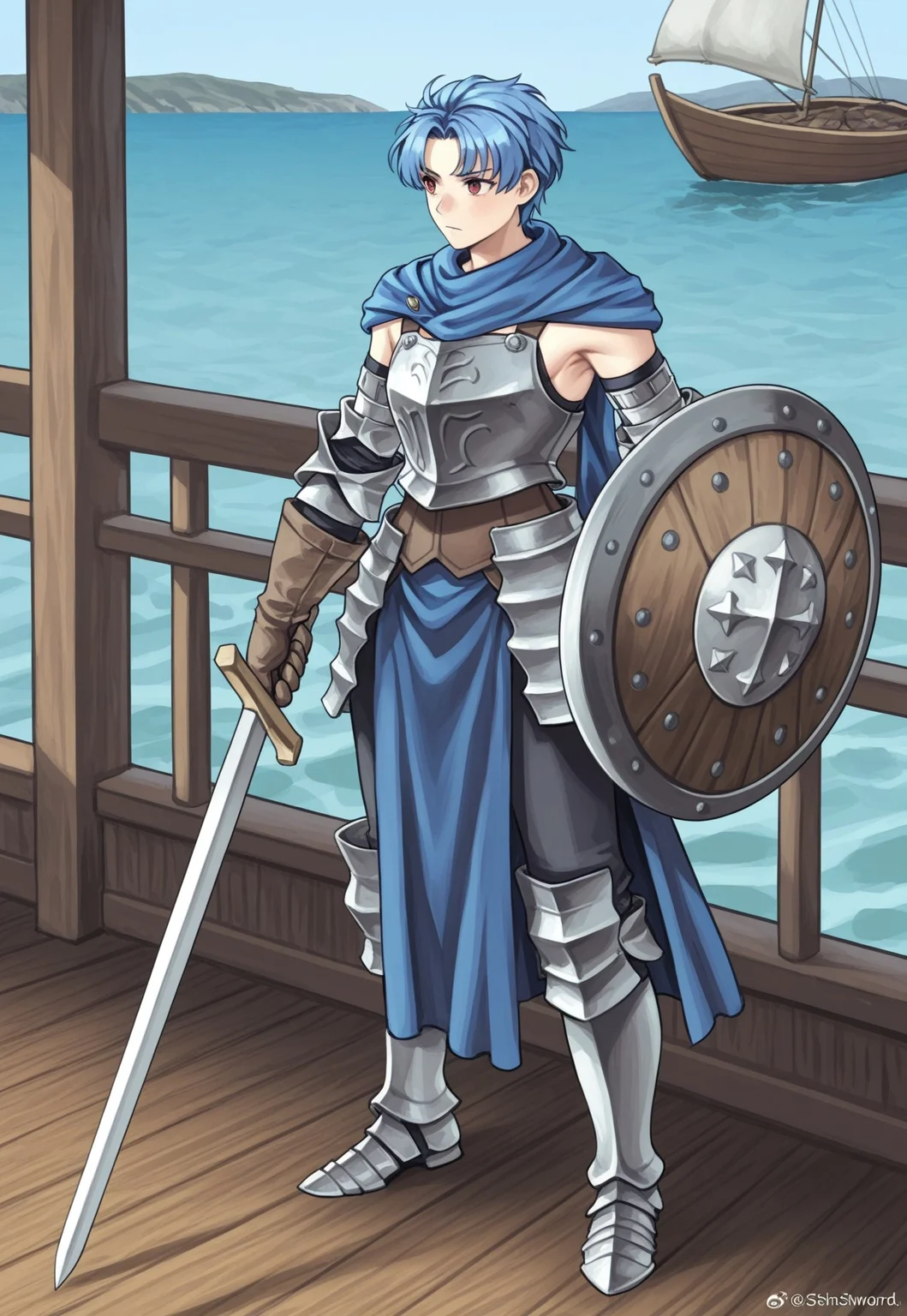 source_vanillaware,

full body,

1boy, solo,

AlainIL, Alain Unicorn Overlord,

red eyes, blue hair, parted bangs,

blue scarf, steel breastplate, exposed armpits, brown corset, hip armor, steel sleeves, leather gloves, blue surcoat, pelvic drape, black pants, steel boots,

stoic, looking away, standing,

holding sword and shield,
shortsword, holding sword, 
round shield, wooden shield, shield in front,

boat railings, ocean, wooden floor,