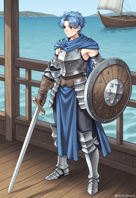 source_vanillaware,
full body,
1boy, solo,
AlainIL, Alain Unicorn Overlord,
red eyes, blue hair, parted bangs,
blue scarf, steel breastplate, exposed armpits, brown corset, hip armor, steel sleeves, leather gloves, blue surcoat, pelvic drape, black pants, steel boots,
stoic, looking away, standing,
holding sword and shield,
shortsword, holding sword,
round shield, wooden shield, shield in front,
boat railings, ocean, wooden floor,