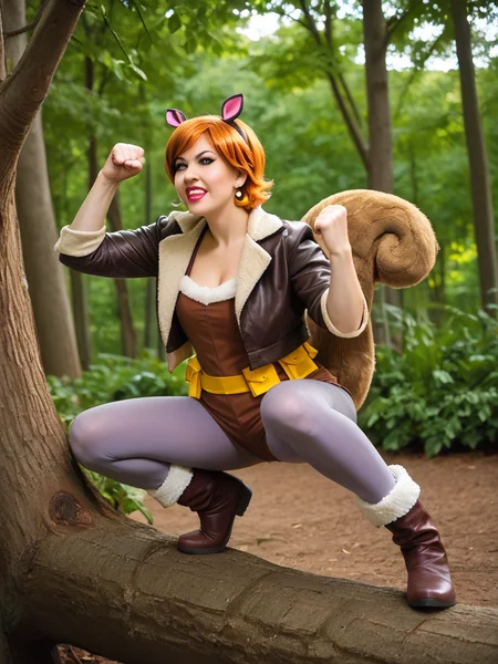 <lora:SQ-girl-Cosplay:1>1girl, solo, animal ears, realistic, jacket, boots, orange hair, nature, pantyhose, leather, short hair, tree, lips, fur trim, clenched hand, nose, lipstick, leather jacket, outdoors, brown eyes, forest, breasts, in tree, on one knee, fake animal ears, sleeves pushed up, jewelry, shorts, pantyhose under shorts, day, sleeves rolled up, earrings, makeup, punching, cleavage, climbing, blurry, gloves, purple pantyhose, belt, buck teeth, squirrel tail, squirrel ears, squirrel girl, fur-trimmed jacket, fur-trimmed boots, buck teethâââ