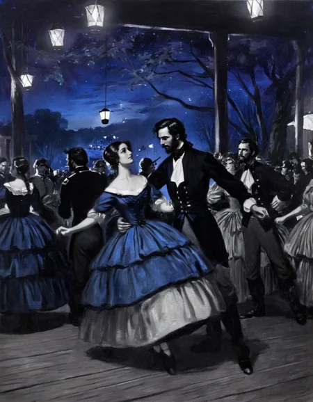 a NPrice painting depicting a crowded dance during the Civil War Era. The central focus is occupied by various couples, dressed in attire typical of the 1860s, engaging in dancing. The women are adorned in voluminous dresses with multiple layers, while the men don military uniforms, indicative of the period. The backdrop is illuminated by hanging lanterns, casting a dim light on the revelry. The atmosphere is dense with a sense of gaiety and abandon. To the far left of the frame, musicians can be seen providing the soundtrack for the dance, reinforcing the lively atmosphere. The foreground of the painting is a wooden platform, presumably the dance floor, with indistinct details contributing to the painting's overall impressionistic style.<lora:NPrice1-000006:1>
