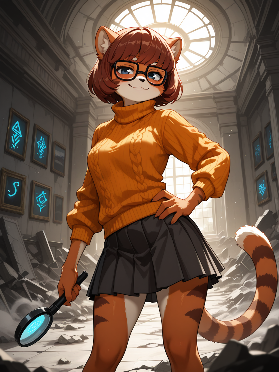 [Velma_Dinkely_inspired], furry, red_panda_(anthro), female, solo, glasses, smug, orange_turtleneck_sweater, short_skirt, pleated_skirt, museum, ruins, glowing_runes, broken_windows, dramatic_lighting, cinematic_lighting, dust_particles, holding_magnifying_glass, one_hand_on_hip, expressive, painterly_style, semi_realistic, full_body, standing_pose