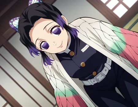 score_9, score_8_up, score_7_up, source_anime,
shinobukochou, <lora:shinobu-kochou-anime-ponyxl-lora-nochekaiser:1>,
shinobu kochou, animal print, black hair, butterfly, butterfly hair ornament, butterfly print, forehead, gradient hair, hair ornament, haori, multicolored hair, parted bangs, purple hair, short hair, two-tone hair,
belt, black pants, butterfly print, coat, demon slayer uniform, haori, japanese clothes, pants, uniform,
indoors, dojo, bent over, smile,
solo, dutch angle, looking at viewer, cowboy shot,
