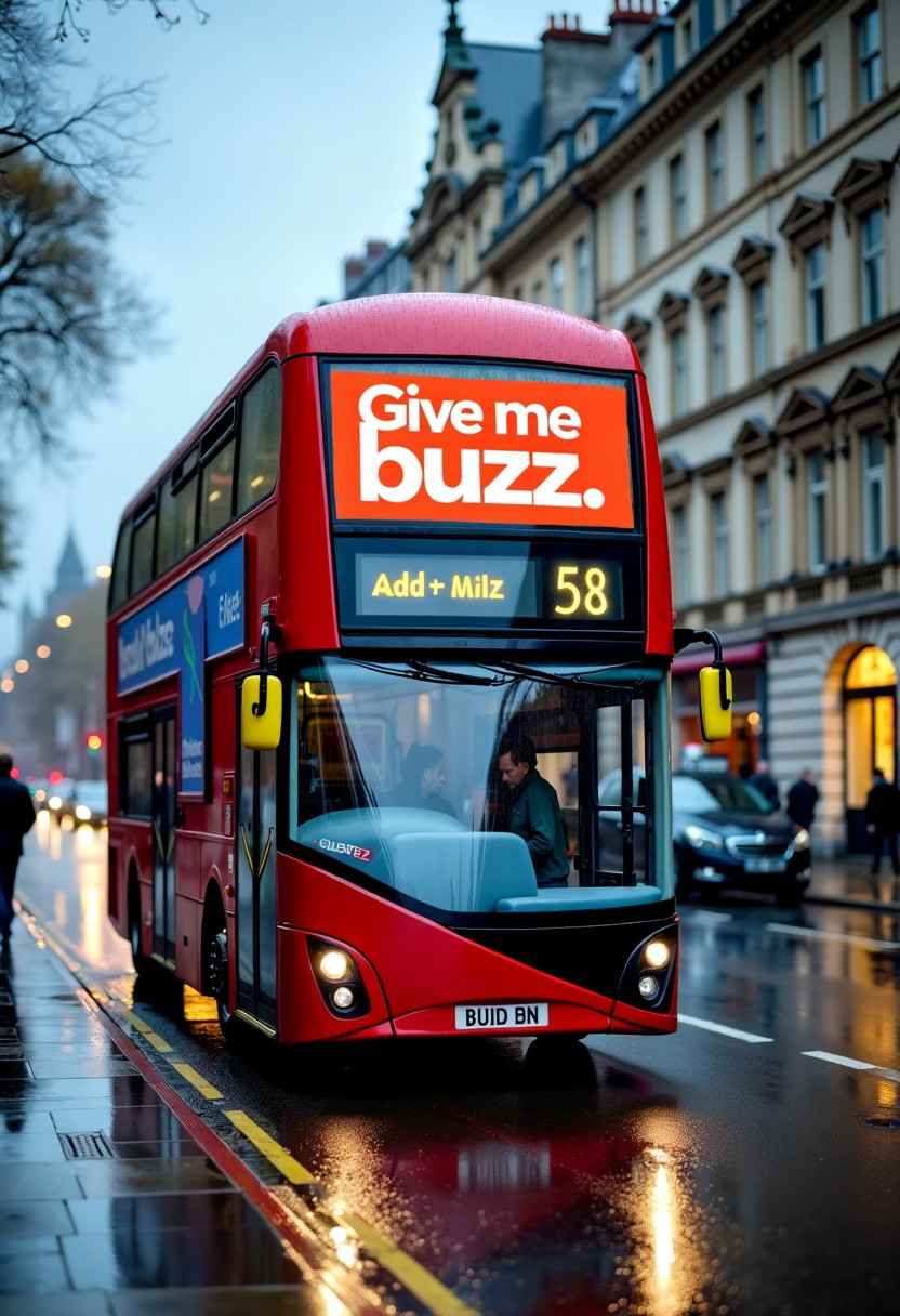United Kingdom bus, Red double decker bus, London, Add screen with “Give me buzz” on it, High quality photo, immersive picture, Photography by a pro, ultra realistic light, wet ground reflecting, rainy day, ultra detailed