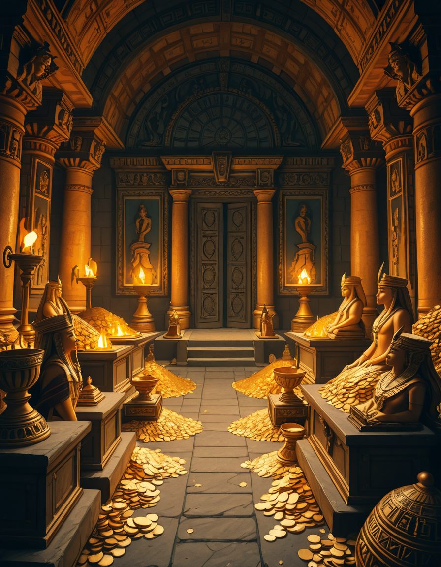 A hidden treasure chamber deep within an ancient temple, illuminated by the warm golden glow of torches and mystical blue light from enchanted crystals. The room is filled with piles of gold coins, jewel-encrusted goblets, and ancient artifacts covered in dust. Massive stone statues of forgotten deities guard the chamber, their eyes glowing faintly as if watching intruders. In the center, a grand pedestal holds a legendary artifactâan ornate golden crown encrusted with emeralds and sapphires, shimmering with an otherworldly aura. The walls are adorned with intricate carvings depicting lost civilizations, and creeping vines hint at centuries of abandonment. The atmosphere is mystical and slightly eerie, with a sense of both wonder and danger. The air is thick with the scent of aged parchment and burning incense, adding to the chamberâs ancient and mysterious feel. Cinematic lighting with dramatic shadows enhances the depth and richness of the scene, creating a visually stunning and immersive environment.
<lora:SDXLFaeTastic2400:0.4> <lora:extremely_detailed:0.4> extremely detailed,treasure ch4mb3r, <lora:treasure_ch4mb3r-i:1>, Masterpiece,best quality,hi res,8k,hi res,8k,award winning,(sharp focus, intricate, highly detailed),