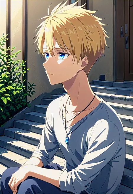 high resolution, solo, best quality, 1Boy, Yamato Ishida, Blonde Hair, Blue Eyes, Necklace, Sitting on steps, casual, relaxed, thoughtful,