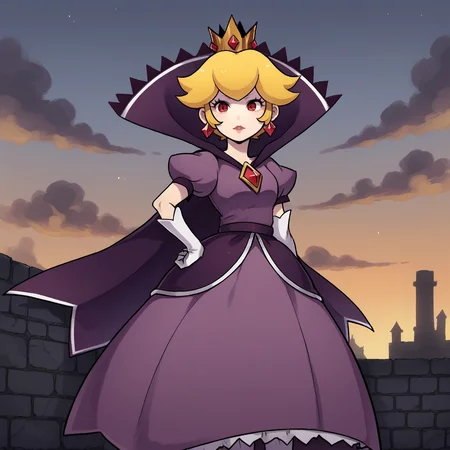 score_9, score_8_up, score_7_up, score_6_up, score_5_up, score_4_up, zPDXL2,source_anime,rating_questionable, <lora:Shadow_Queen_Peach:0.8> sh4dp3ach, princess peach, blonde hair, short hair, purple dress, puffy short sleeves, white gloves, cape, crown, jewelry, red eyes, standing with hand on her hip, cliffs