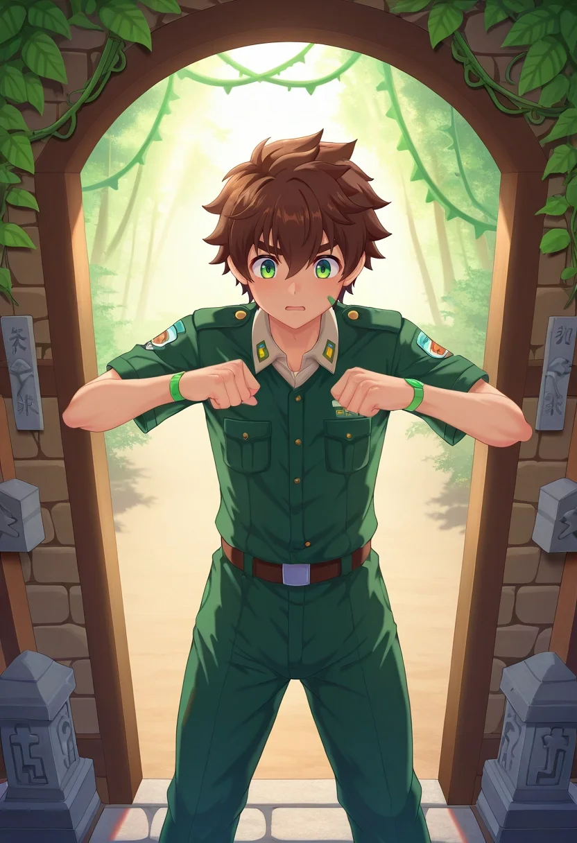 masterpiece, best quality, , (3d:0.4), , , 1boy, solo, male focus, <lora:keitaro_nagame_ilxl:0.94>, keitaro_nagame, brown hair, green eyes, short hair, , uniform, jungle temple, stone carvings, hanging vines, hidden door, investigating pose, determined expression, filtered sunlight,