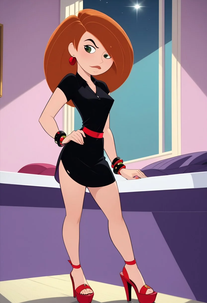 kim,
navel, midriff,
hair over one eye, high heels, small breasts, Black dress, red high heels, red earrings and bracelets,
solo, short, athletic, blushing, close up view down shirt, bent over, chest focus view, bedroom,
bedroom, on bed, naughty look, grin