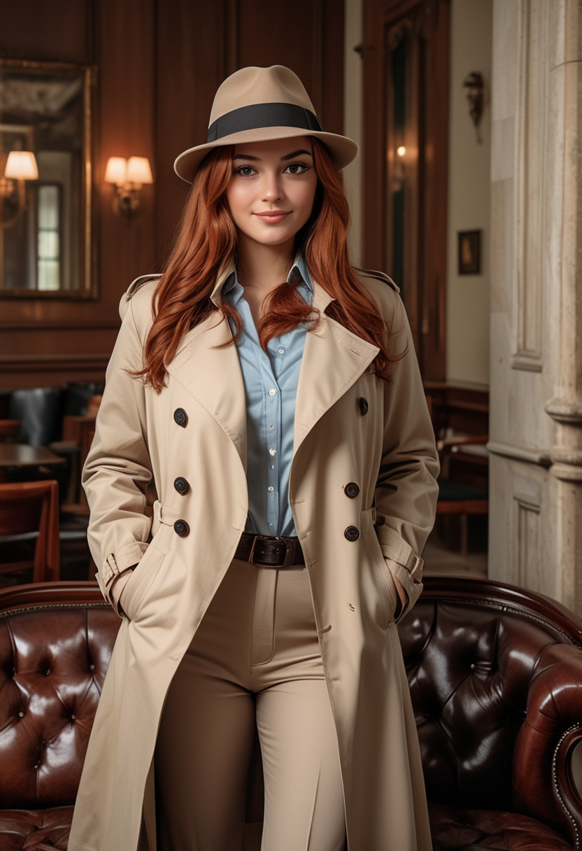 (medium full shot) of (methodical detective) young woman, curvy build, long red straight down hair, brazilian, tan skin, light brown eyes, wearing a classic fedora, beige trench coat, matching blouse and trousers , brogues, vintage wristwatch leather gloves, stylish pipe, set in  a vintage mansion, with ornate details, plush seating, classic architecture, historic charm, during the day, woman smiling, ,Masterpiece,best quality, raw photo, realistic, very aesthetic, dark