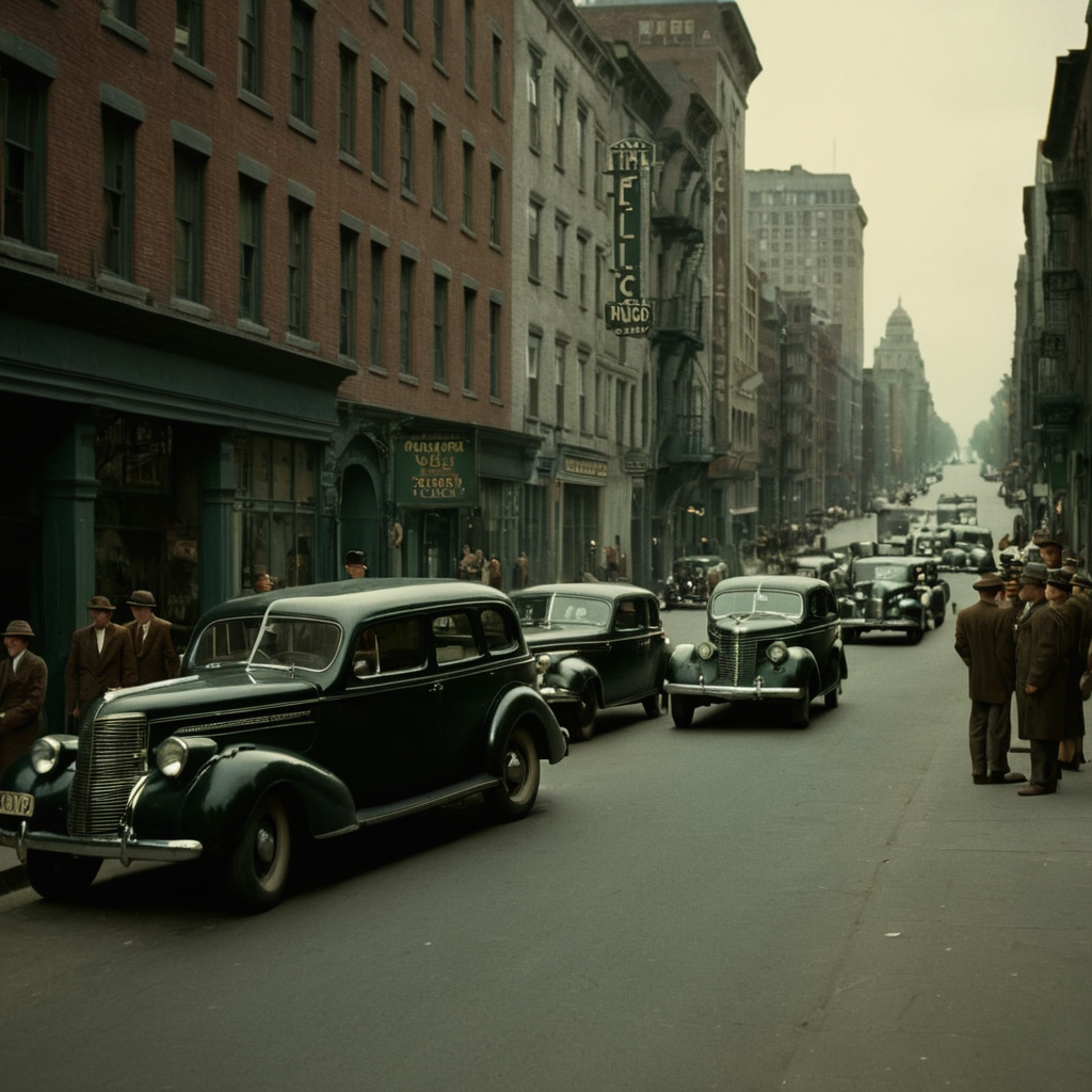 cinematic film still of  <lora:1940's style:1>
In the 1940's a busy city street with old cars and people,outdoors,multiple boys,sky,day,ground vehicle,building,scenery,motor vehicle,6+boys,city,sign,car,road,vehicle focus,lamppost,street,truck,real world location  ,realistic,realism,perfection,perfect,filmic,retro,vintage,classic,different haircut,different look,different style,1940's style , 1940 style, shallow depth of field, vignette, highly detailed, high budget, bokeh, cinemascope, moody, epic, gorgeous, film grain, grainy