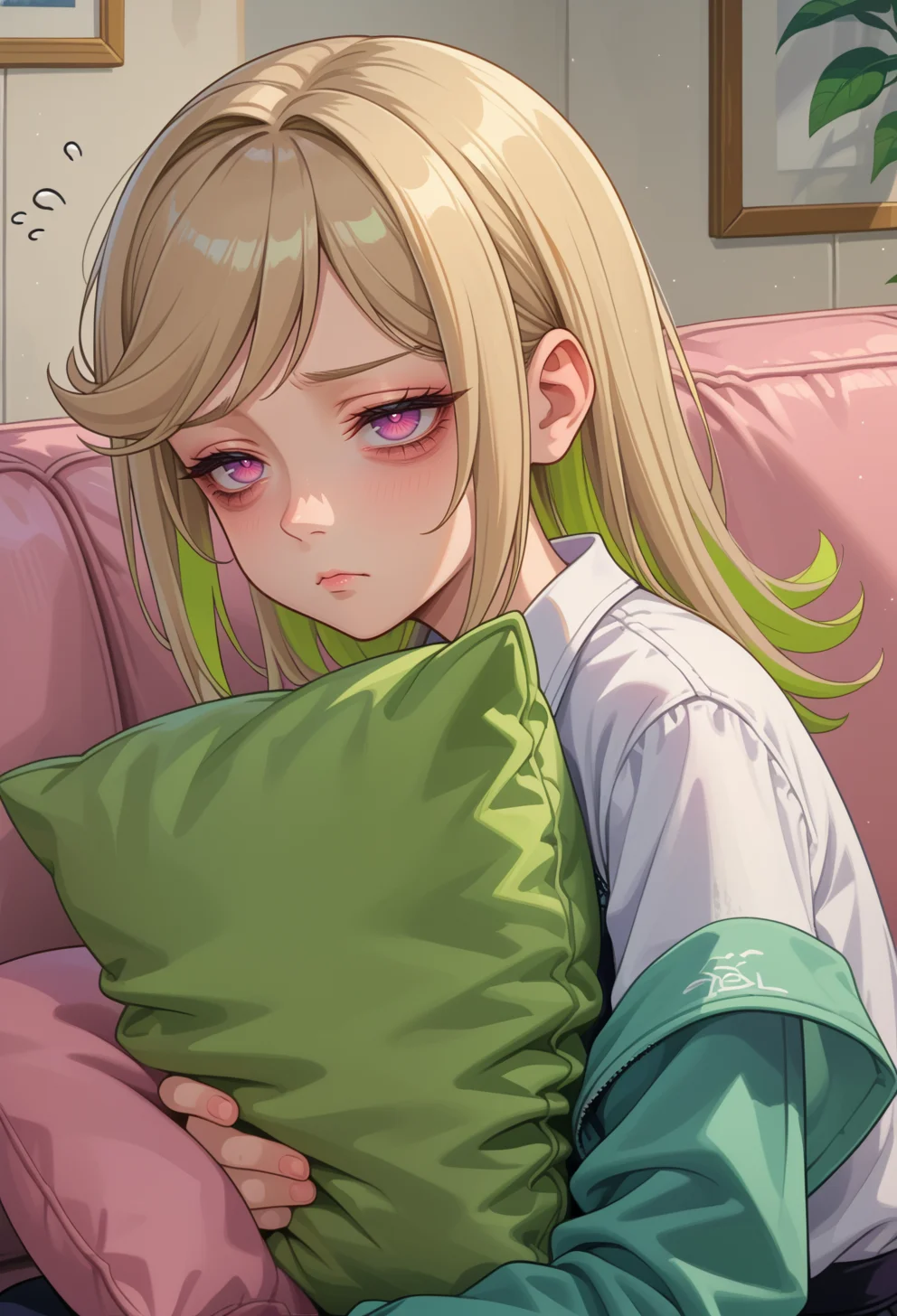 score_9, score_7_up, source_anime, BREAK solo, <lora:AECoco:0.7> AECoco, pink eyes, purple eyes, multicolored hair, blonde hair, green hair, swept bangs, bags under eyes,half-closed eyes, sleepy, on couch, on side, holding pillow,