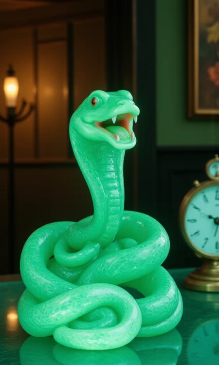 jade_snake, shebaaobao, neouv, cartoon snake made out of glowing illuminated iridescent jade ready to bite somebody on the counter of a pawn shop in New York City <lora:jadesnakeflux-000001.safetensors:1.0> <lora:shebaobao_flux_snake_Cartoon_v2.safetensors:0.3> <lora:neouv_flux_03.safetensors:1.0>