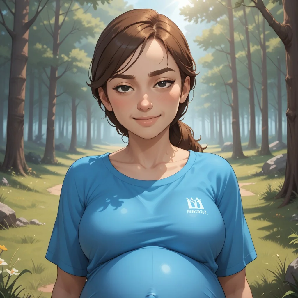 score_9, score_8, BREAK, solo, mii, wii, wii sports resort, female mii, 1girl, cute, brown hair, brown eyebrows, rectangle eyebrows, black eyes, sleepy eyes, half circle eyes, small nose, blush, :I, Hiromi_(\Wii_Sports_Resort\), medium breasts, Nintendo Mii, modern_mii, classic_mii, adult female, mature female, breasts, (((pregnant))), sexy pose, self portrait, smile, outdoors, sunlight, shadows, evening lighting, natural lighting, forest, trees, grass, orange sky, sunset