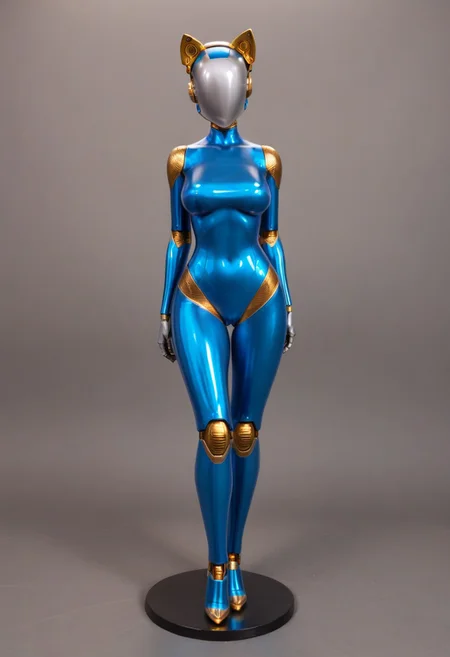 solo, A 35mm full length photo of a beautiful 20 year old woman, she is a humanoid robot , robotic body, freckles, smooth featureless grey robotic skin, robotic aerials, metallic dark blue hair, elegant metallic blue latex bodysuit with gold trim, catlike robotic ears, jetpack, flying through the sky
TheFaceLess, mannequin, faceless, egghead