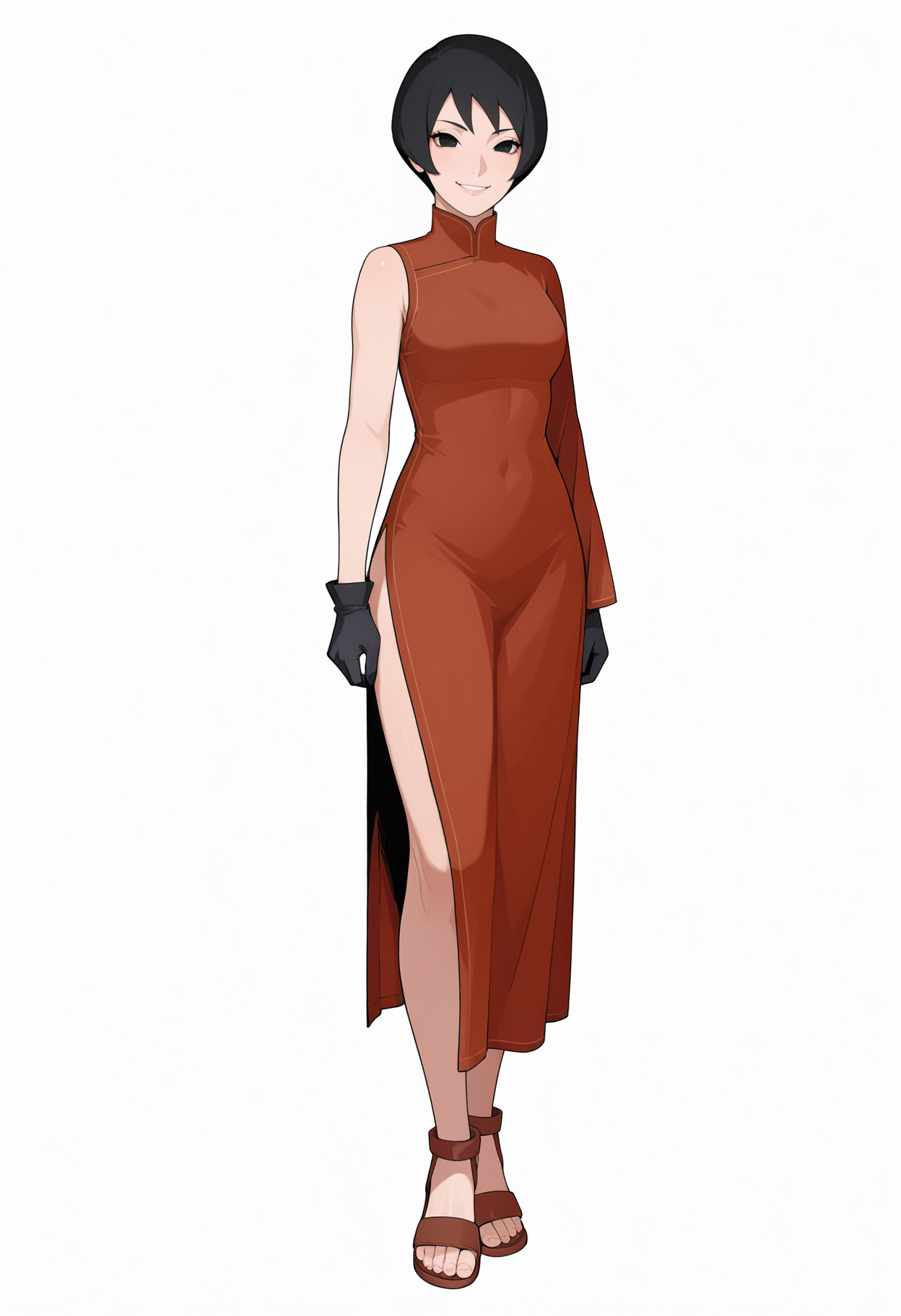 masterpiece, best quality, very aesthetic, absurdres,
1girl, kurotsuchi, short hair, black hair, black eyes,
china dress, side slit, sandals, black gloves,
standing, full body,
smile, looking at viewer, solo, (simple background, white background:1.3),     <lora:KurotsuchiBorutoNoobXL_byKonan:1>