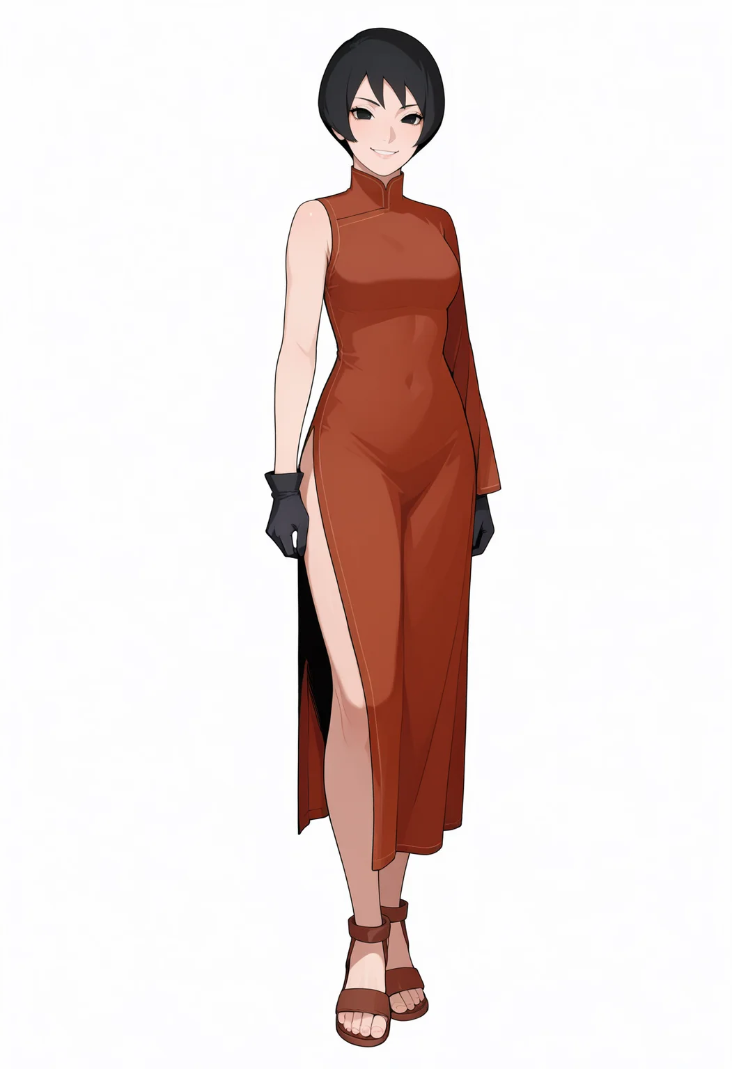 masterpiece, best quality, very aesthetic, absurdres,
1girl, kurotsuchi, short hair, black hair, black eyes,
china dress, side slit, sandals, black gloves,
standing, full body,
smile, looking at viewer, solo, (simple background, white background:1.3), <lora:KurotsuchiBorutoNoobXL_byKonan:1>