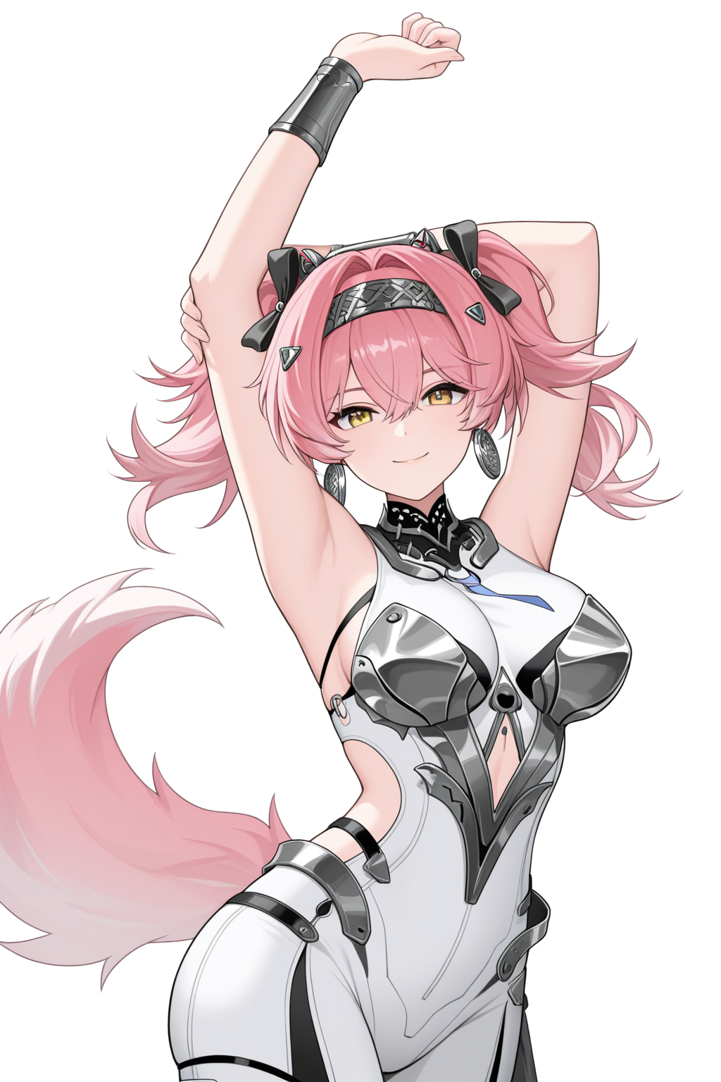 masterpiece, best quality, <lora:Lupa:1>, LupaDS, lupa \(wuthering waves\), 1girl, armor, black bow, bodysuit, bow, breastplate, breasts, cowboy shot, earrings, hair between eyes, hair bow, hairband, jewelry, large breasts, looking at viewer, metal hairband, pink hair, simple background, smile, solo, stretching, tail, twintails, white bodysuit, wolf tail, wrist guards, yellow eyes