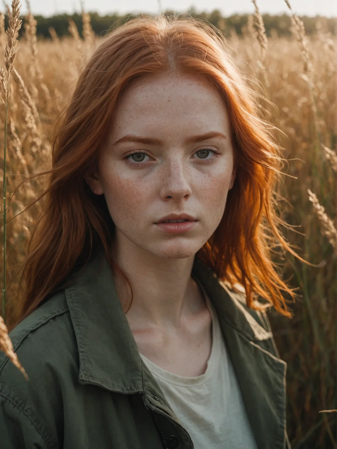 cinematic film still, close up, photo of redheaded girl near grasses, fictional landscapes, (intense sunlight:1.4), realist detail, brooding mood, ue5, detailed character expressions, light amber and red, amazing quality, wallpaper, analog film grain, jacket