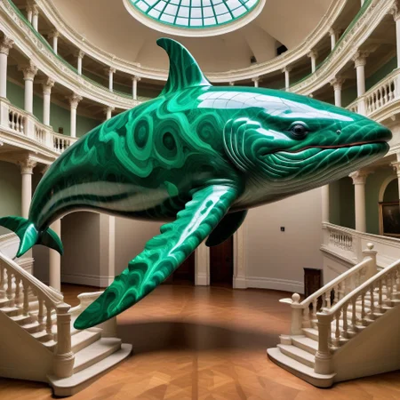 blue whale made out of malachite_style in a ((M.C. Escher)) style museum, many stairs, meta, crazy