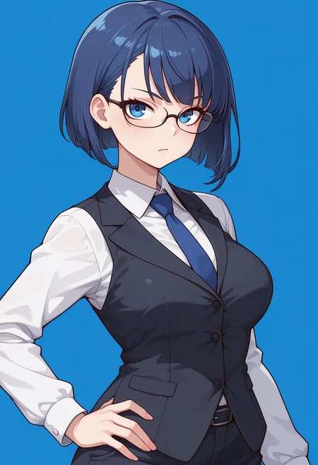 1girl,solo,cute,
elaine, medium breasts, curvy body, fair skin, blue eyes,short blue hair, bob cut, side bangs, shiny hair,business suit, vest, white shirt, necktie, gray slacks, office attire, professional wear, glasses
serious expression, confident posture, one hand on hip
looking at viewer,portrait
Simple blue background,(soft focus:1.3),
masterpiece, amazing quality, best quality, ultra-detailed, 8K, illustration, CG, shiny hair, clear skin, ultra-detailed-eyes, eyelashes, highly detailed,