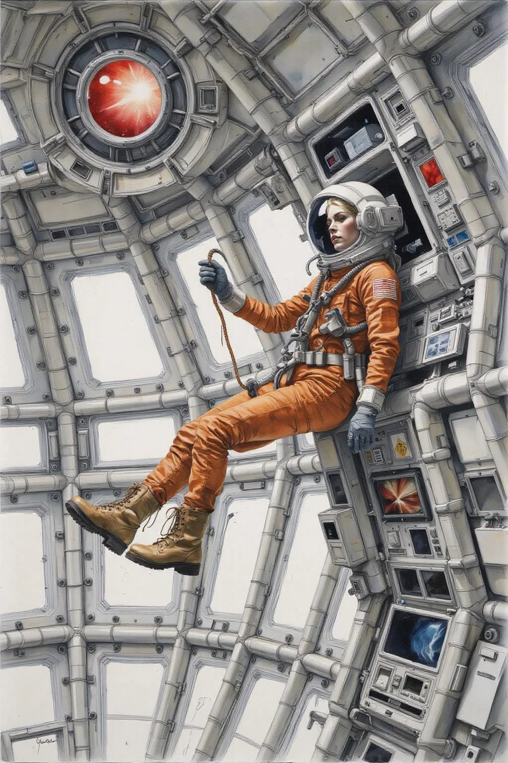 yawc1 watercolor.
Overhead sideview of a blonde woman dressed in a orange spacesuit and heavy boots, is carefully re-enacting the iconic scene from 2001: A Space Odyssey where David Bowman deactivates HAL 9000. Floating weightless on one side of a vast empty spacecraft, she methodically removes the components of the HAL 9000 interface, one piece at a time. The setting is tense and sterile, with bright lighting reflecting off the white sterile surfaces, capturing the eerie, unsettling atmosphere of the original scene. The red glow of HAL's eye slowly fades as the scene unfolds, highlighting the dramatic tension between human and machine   <lora:yawcolor_nocap_d6a3:1.0> <lora:Flux-Sch-SingleBlocks-BF16:1.0><lora:799113699752264252:0>