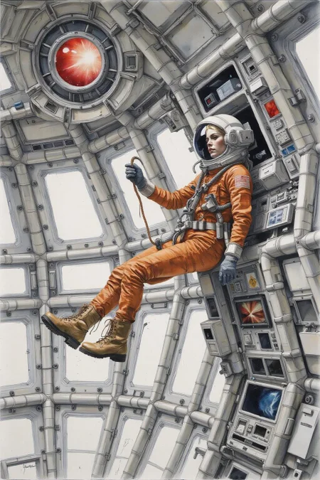 yawc1 watercolor.
Overhead sideview of a blonde woman dressed in a orange spacesuit and heavy boots, is carefully re-enacting the iconic scene from 2001: A Space Odyssey where David Bowman deactivates HAL 9000. Floating weightless on one side of a vast empty spacecraft, she methodically removes the components of the HAL 9000 interface, one piece at a time. The setting is tense and sterile, with bright lighting reflecting off the white sterile surfaces, capturing the eerie, unsettling atmosphere of the original scene. The red glow of HAL's eye slowly fades as the scene unfolds, highlighting the dramatic tension between human and machine <lora:yawcolor_nocap_d6a3:1.0> <lora:Flux-Sch-SingleBlocks-BF16:1.0><lora:799113699752264252:0>