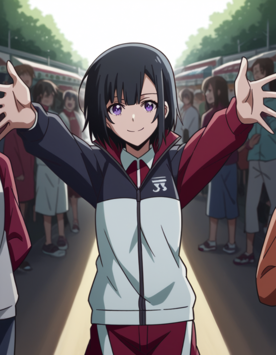 score_9, score_8_up, score_7_up, source_anime, <lora:yuika-shiwahime-s1-ponyxl-lora-nochekaiser:1>, yuika shiwahime, short hair, black hair, purple eyes,, shirt, jacket, necktie, shorts, sleeves past wrists, track jacket,, street market, vendor, street food, bustling crowd, local flavor, vibrant, smile, , on back, arm support, arms up, incoming hug, pov, reaching, reaching towards viewer,, solo,, dutch angle, cowboy shot