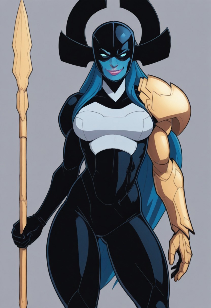 simple background, solid color background, 1girl, solo, medium breasts, toned female, wide hips, Marvel, ProximaMidnight, blue hair, long hair, extremely long hair, helmet, black headgear, covered hair, pink lips, Alien female, blue skin, blue-skinned female, colored skin, blue sclera, white pupils, glowing eyes, black bodysuit, white trim, Left arm, one armored arm, gold armor, shoulder armor,
upper body, looking at viewer, smirk, weapon, spear, gold spear, holding spear, smug expression, narrow waist, wide hips, medium breasts, round ass, thick thighs