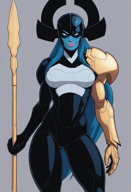 simple background, solid color background, 1girl, solo, medium breasts, toned female, wide hips, Marvel, ProximaMidnight, blue hair, long hair, extremely long hair, helmet, black headgear, covered hair, pink lips, Alien female, blue skin, blue-skinned female, colored skin, blue sclera, white pupils, glowing eyes, black bodysuit, white trim, Left arm, one armored arm, gold armor, shoulder armor,
upper body, looking at viewer, smirk, weapon, spear, gold spear, holding spear, smug expression, narrow waist, wide hips, medium breasts, round ass, thick thighs
