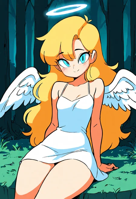 masterpiece, best quality, 1girl, solo, eyelashes, (beautiful eyes), 1girl, solo, blonde hair, wavy hair, angel, angel wings, halo, smile, sitting, forest, white dress, smile, looking at viewer, cowboy shot, ,<lora:Diives_NAI:1.0>,