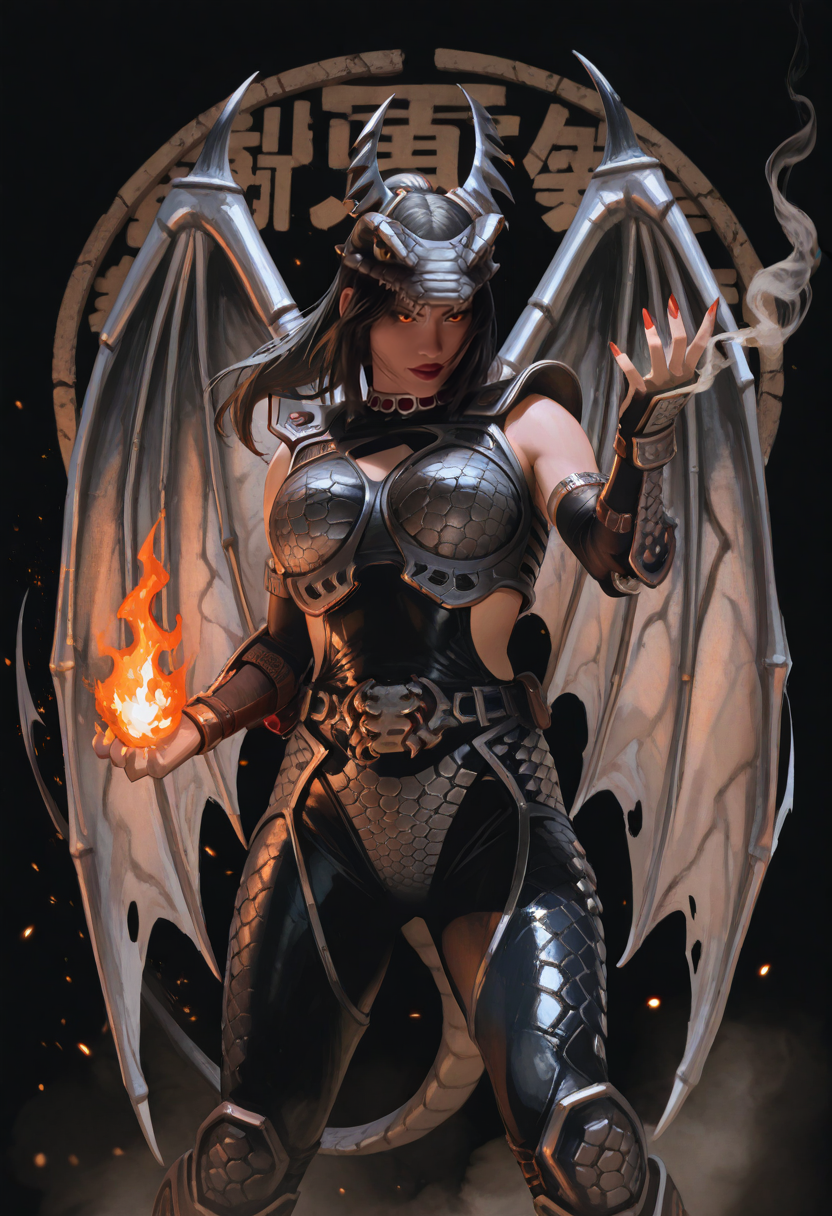 masterpiece, best quality, good quality, very awa, very aesthetic, absurdres, manga style, anime style, stylish drawing style, 1girl, VYPRA, wings, demon girl, lips, red lipsticks, arrogant, draconic feudal Ninja, black and white dragon Ninja suit, full draconic  ninja outfit, eyes visible, simple black background orange fire , Fighting stance,  Wall Art, very detailed, foggy, smoke, floating particles, dynamic Scene,
 <lora:VYPRA-IL:1>
