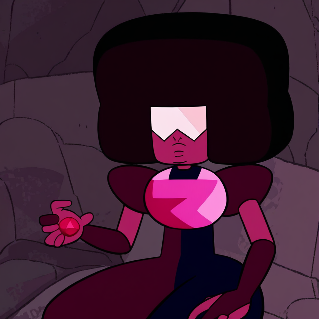 1girl, solo, magneta skinned female, cube-shaped afro, dark one finger gloves, mix colored bodysuit, round red gem embedded in hand, sitting down