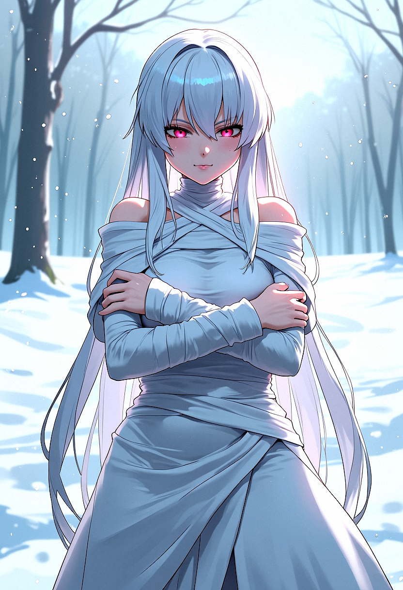 Eerie anime girl wrapped in white: A pale anime girl with long silver hair, wrapped in white bandages, one glowing red eye visible, standing in a stark white environment.Soft, Diffuse Backlighting, Gentle light from behind to create a halo effect.Extremely sharp background detail, Snowy Landscape, A quiet, snow-covered field with soft, falling snowflakes and stron adding to the ghostly, serene atmosphere.Standing with arms wrapped around herself, The character stands, hugging herself gently with a melancholic expression.

