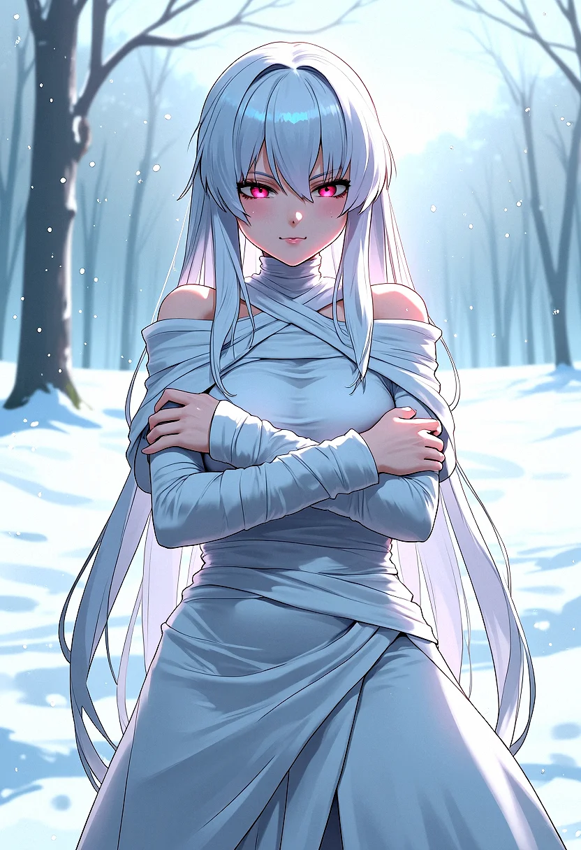 Eerie anime girl wrapped in white: A pale anime girl with long silver hair, wrapped in white bandages, one glowing red eye visible, standing in a stark white environment.Soft, Diffuse Backlighting, Gentle light from behind to create a halo effect.Extremely sharp background detail, Snowy Landscape, A quiet, snow-covered field with soft, falling snowflakes and stron adding to the ghostly, serene atmosphere.Standing with arms wrapped around herself, The character stands, hugging herself gently with a melancholic expression.